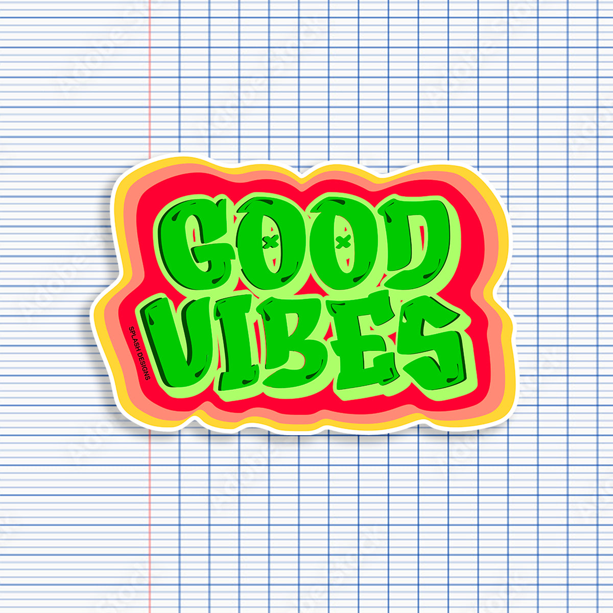 Autocollant "Good Vibes" bleu de la marque Prodigi, illustration colorée avec texte positif sur fond blanc.