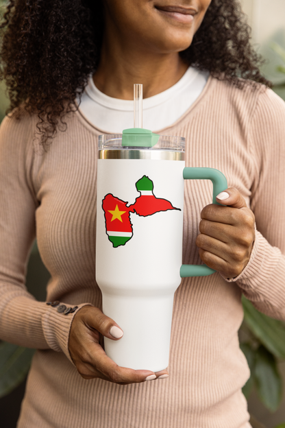Autocollant île de la Guadeloupe avec drapeau régional, pour produits en papier, de la marque Prodigi, montrant un visage de femme.