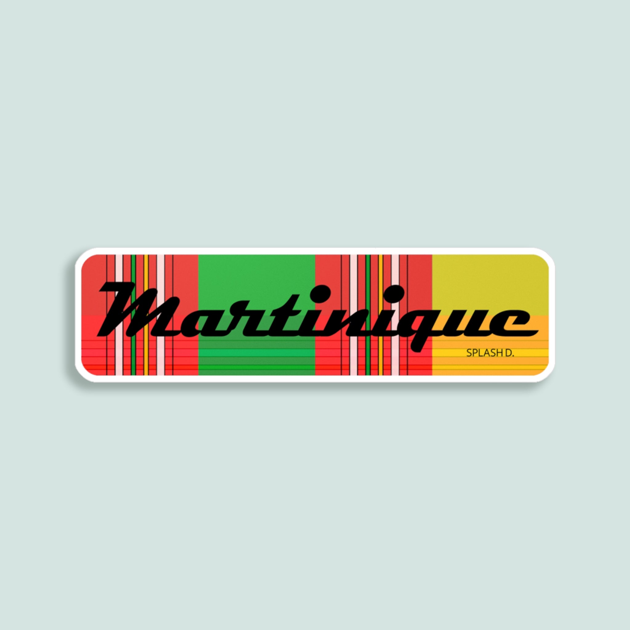 Autocollant texte Martinique, fond madras rouge vert et jaune