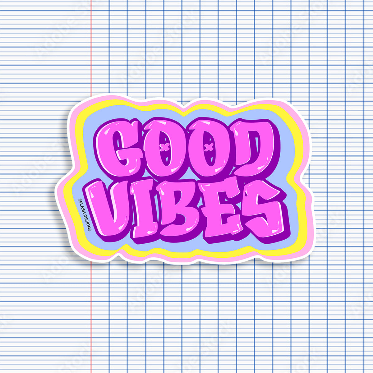 Autocollant "Good Vibes" bleu de la marque Prodigi, avec un design rose, idéal pour décorer des surfaces.
