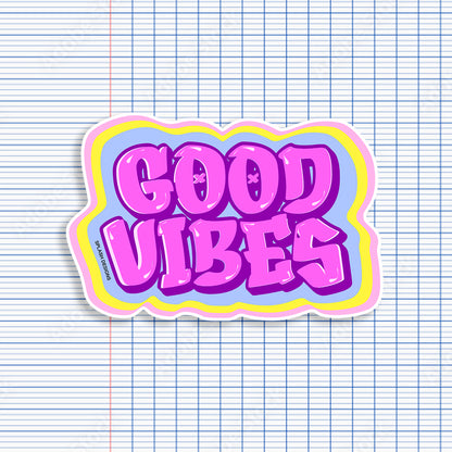 Autocollant "Good Vibes" bleu de la marque Prodigi, avec un design rose, idéal pour décorer des surfaces.