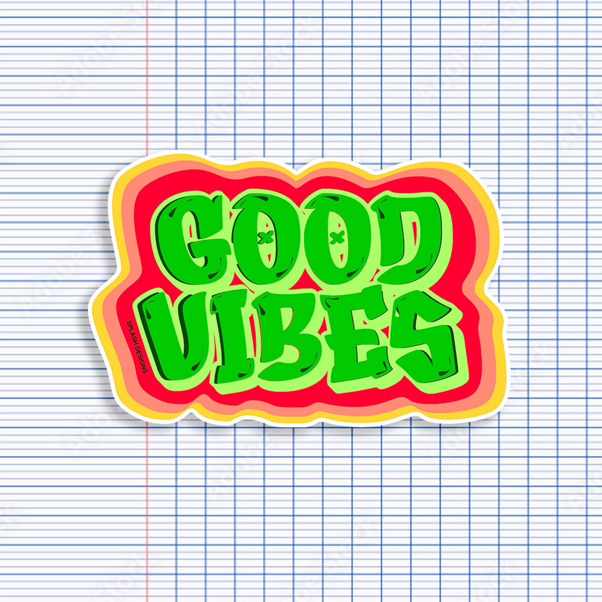 Autocollant "Good Vibes" bleu de la marque Prodigi, illustration colorée avec texte positif sur fond blanc.