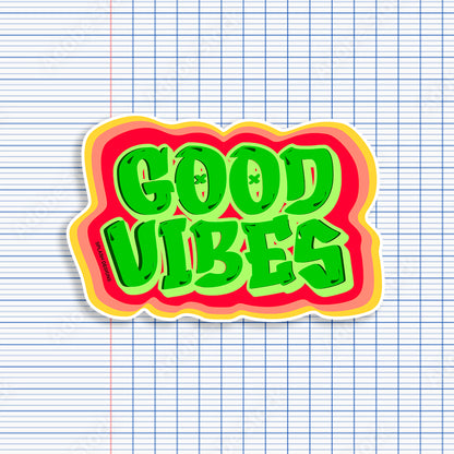 Autocollant "Good Vibes" bleu de la marque Prodigi, illustration colorée avec texte positif sur fond blanc.
