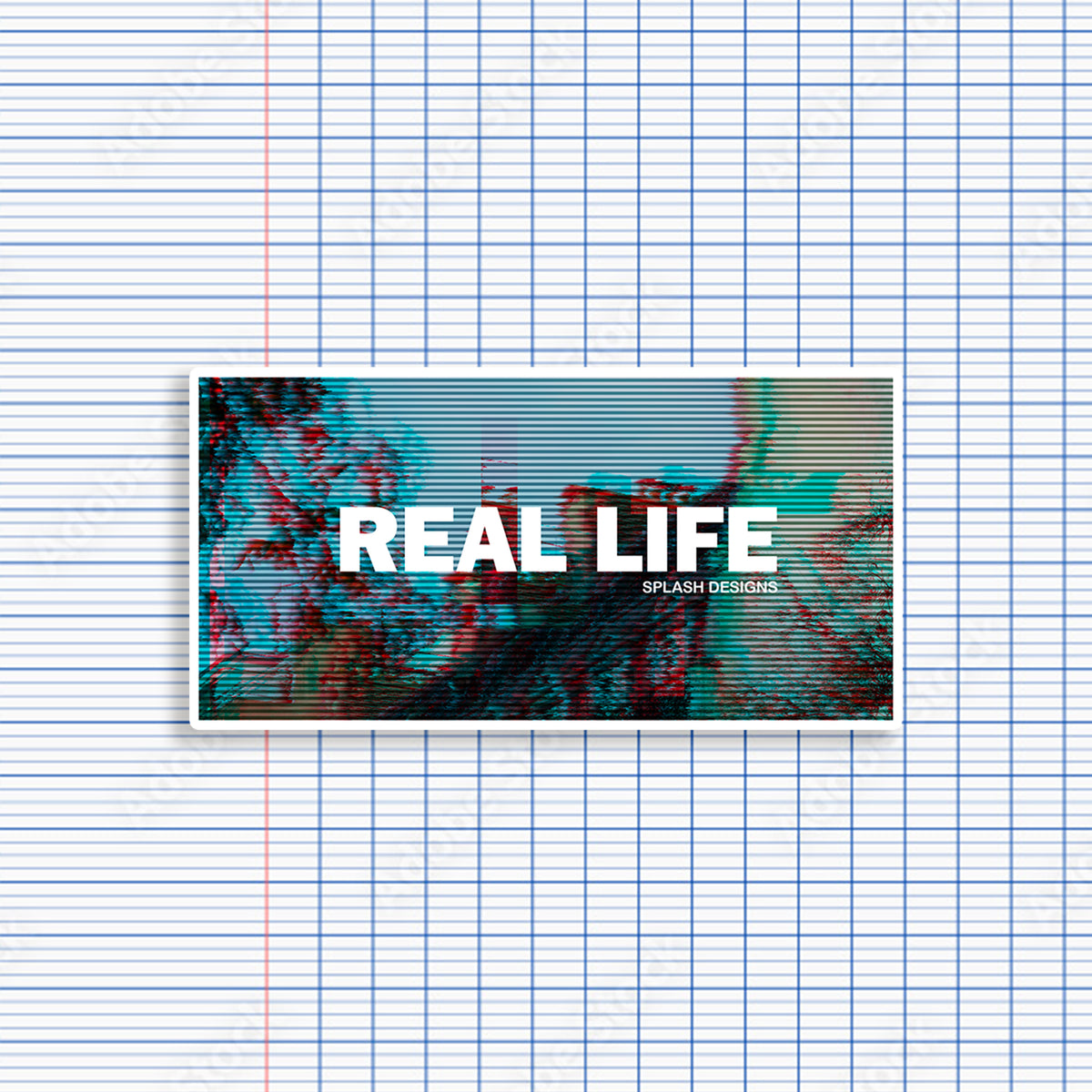 Autocollant glitch "Real Life" de Prodigi, design coloré avec effet numérique, idéal pour décoration ou personnalisation.