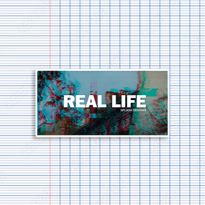 Autocollant glitch "Real Life" de Prodigi, design coloré avec effet numérique, idéal pour décoration ou personnalisation.