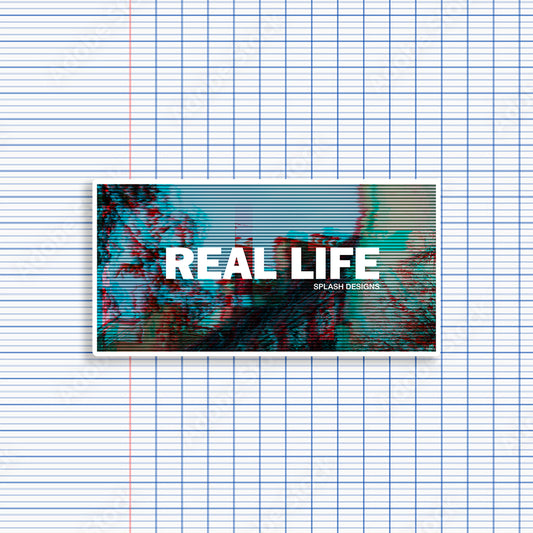 Autocollant glitch "Real Life" de Prodigi, design coloré avec effet numérique, idéal pour décoration ou personnalisation.